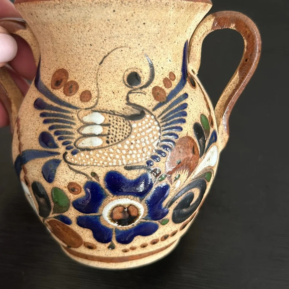 Tonala Mexican  Pottery Folk Art With Lid Double Handle Floral Bird Design - Picture 12 of 14